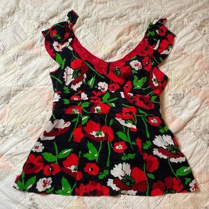 nanette lepore vintage y2k red and black floral zip up babydoll top size 10